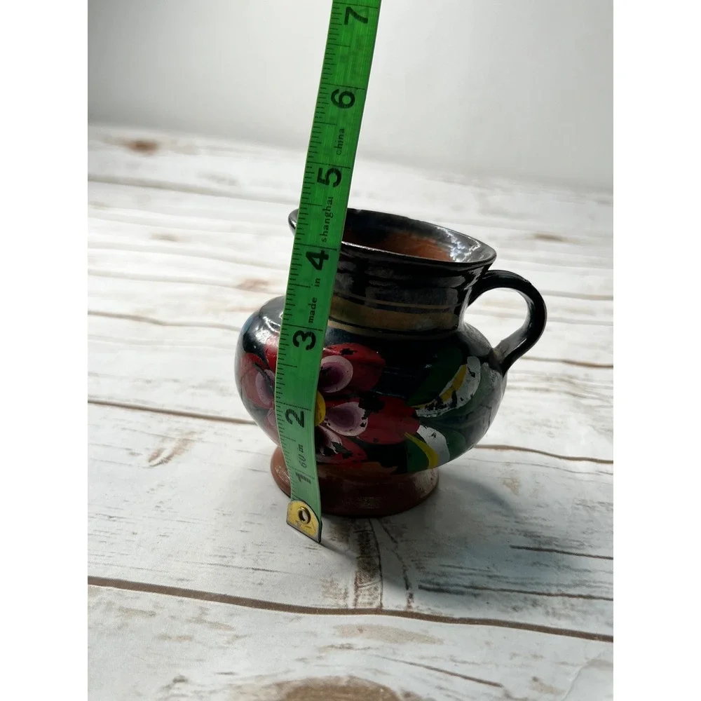 Handmade Mexican Pottery Mug Black Floral Hand Painted Red Ware Folk Art 4.5in